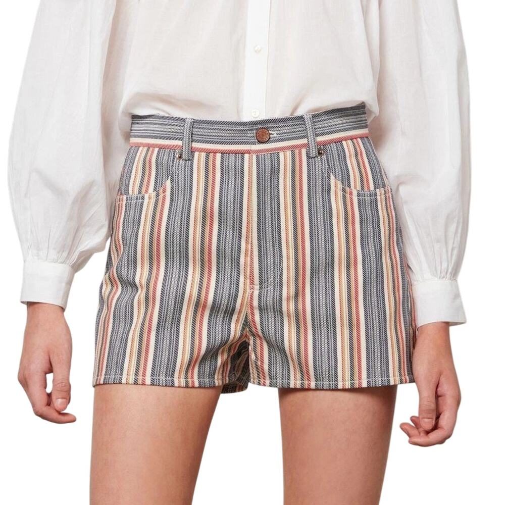See By Chloe Jacquard Stripe Cotton Denim Shorts EU 40 Boho Retro Festival Indie